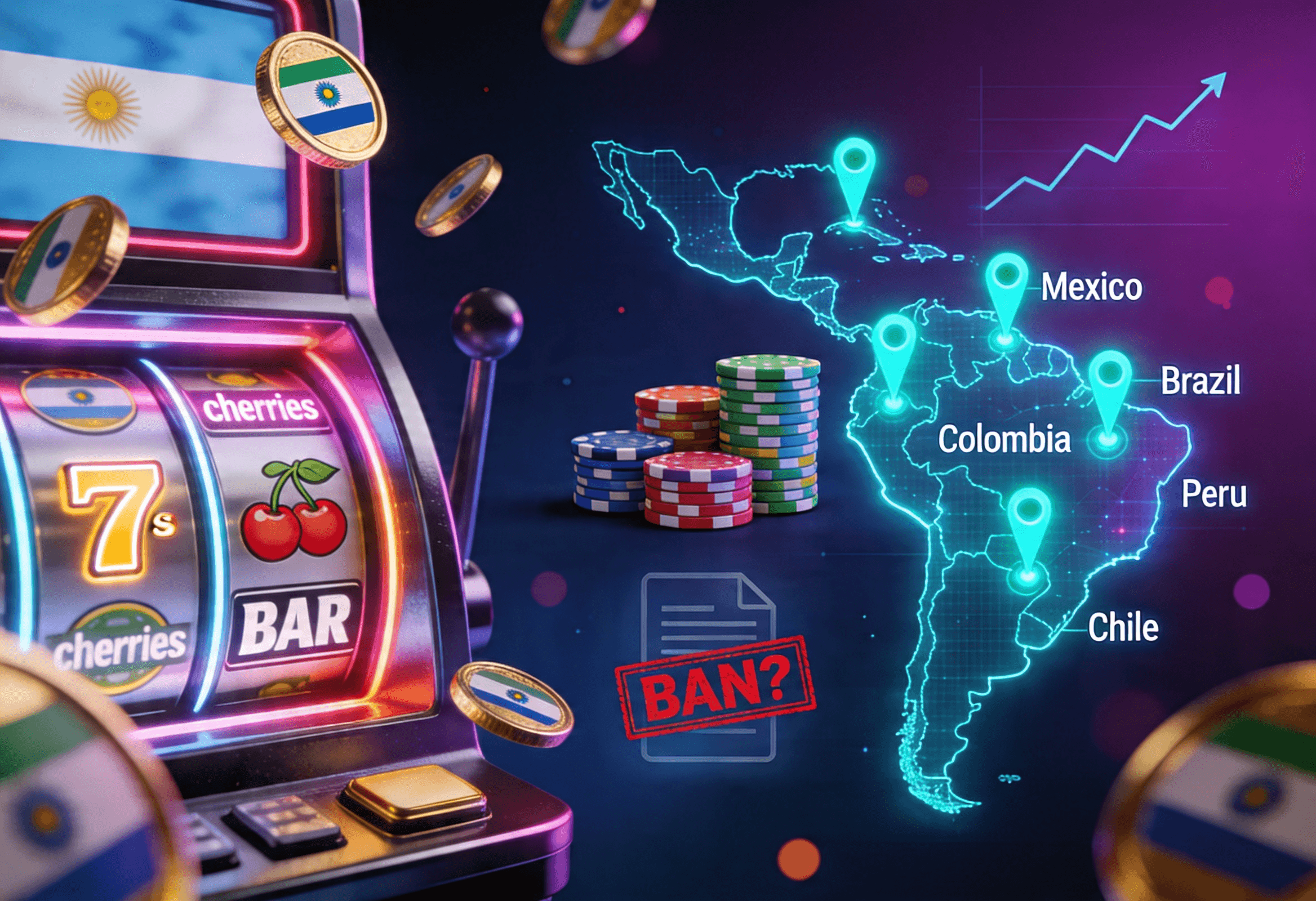 Máquina tragamonedas y mapa en color neón