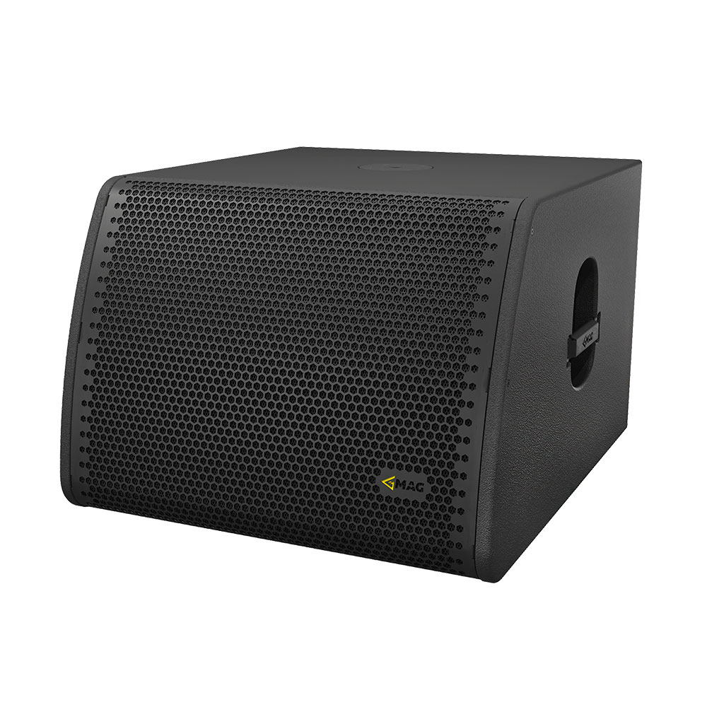 Black speaker cabinet with perforated grille and MAG logo