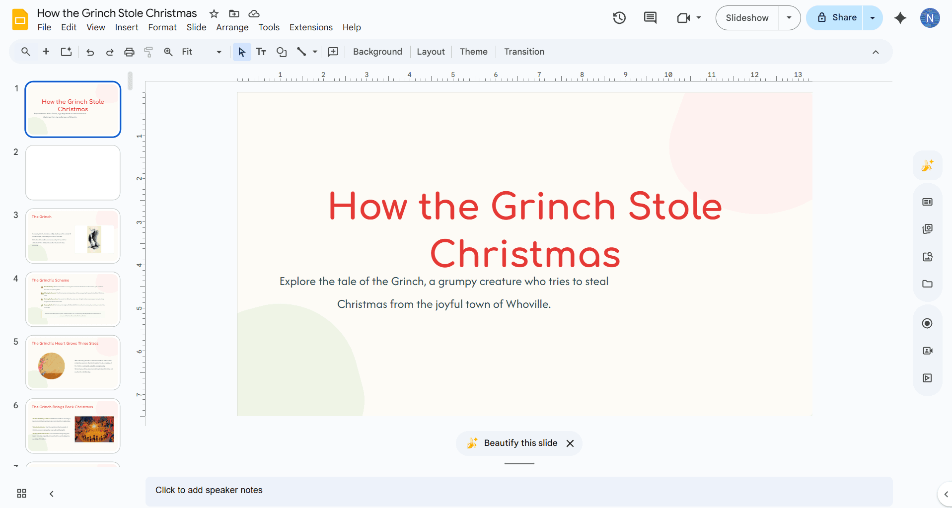 Before using Nano Banana Pro: The banana icon on the right sidebar allows you to enter your prompt and create a slide while the ‘Beautify this slide’ button at the bottom re-generates a better-looking slides after analysing your existing one