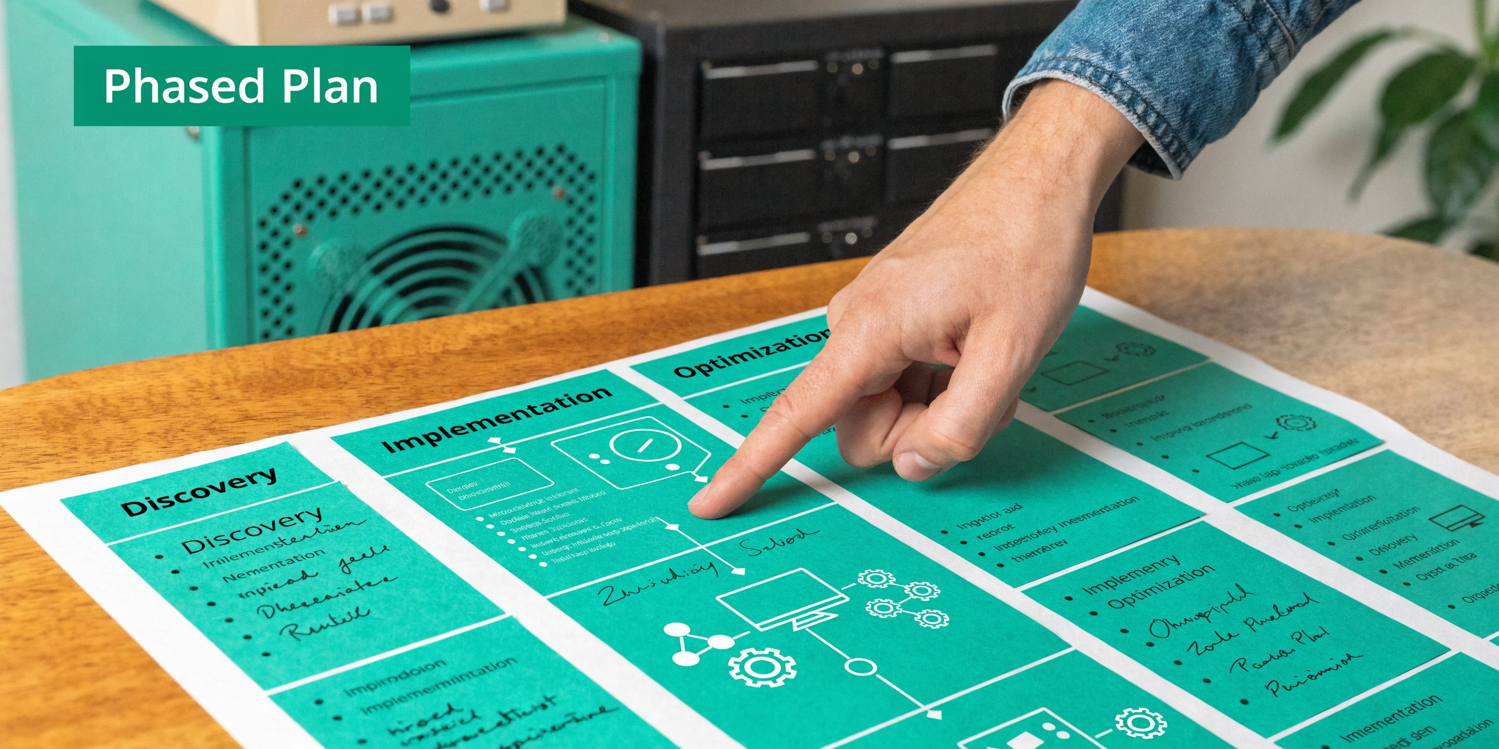 A hand points to a business phased plan chart on a table for network ISP management strategy.