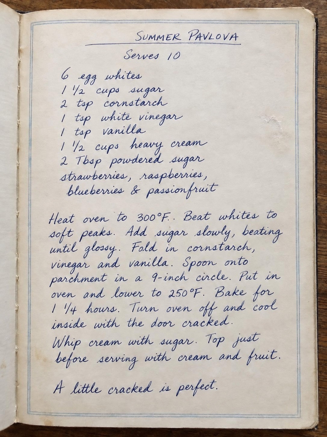 Handwritten Summer Pavlova recipe — the original page