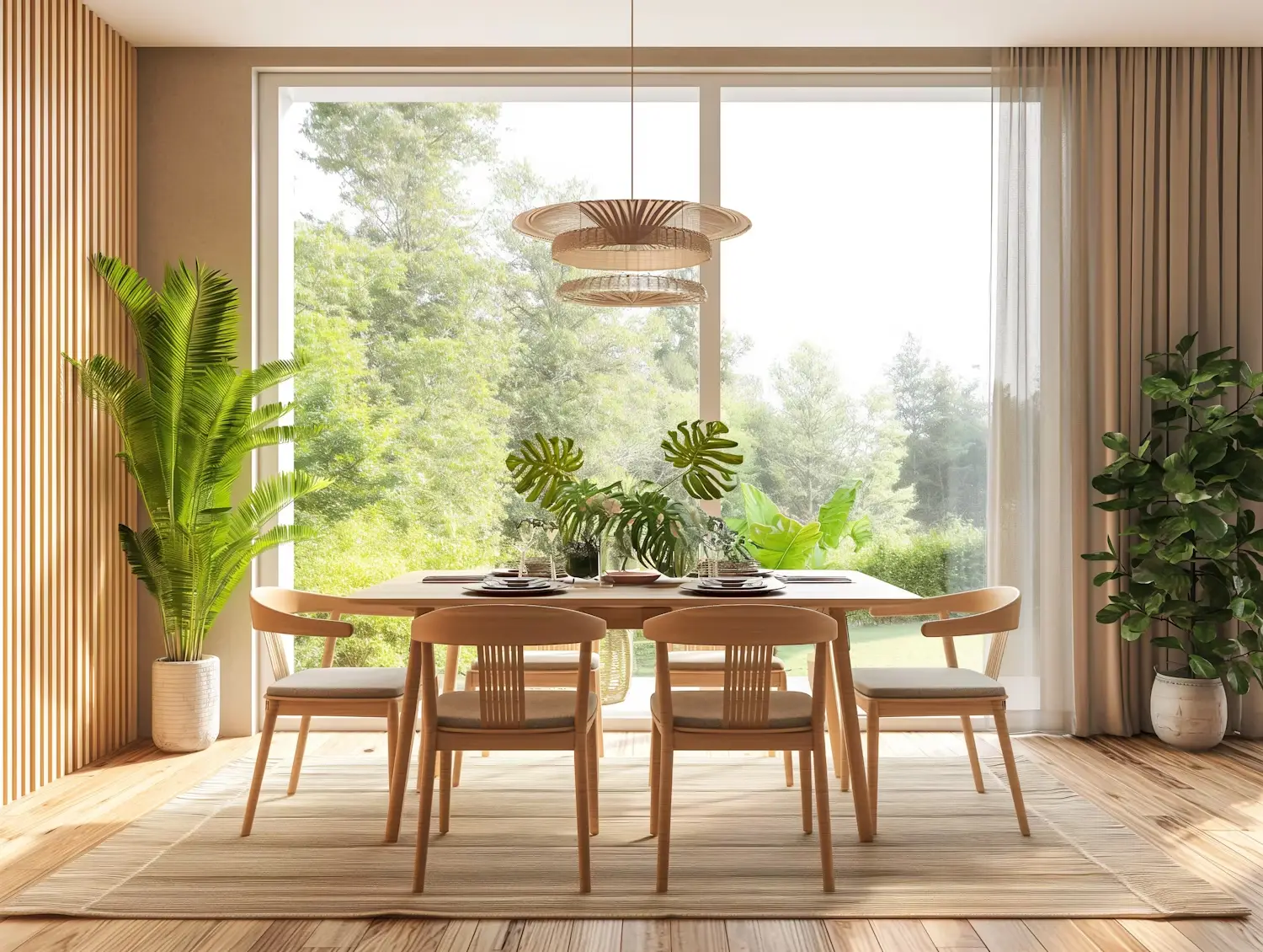 Bright modern dining room with wood