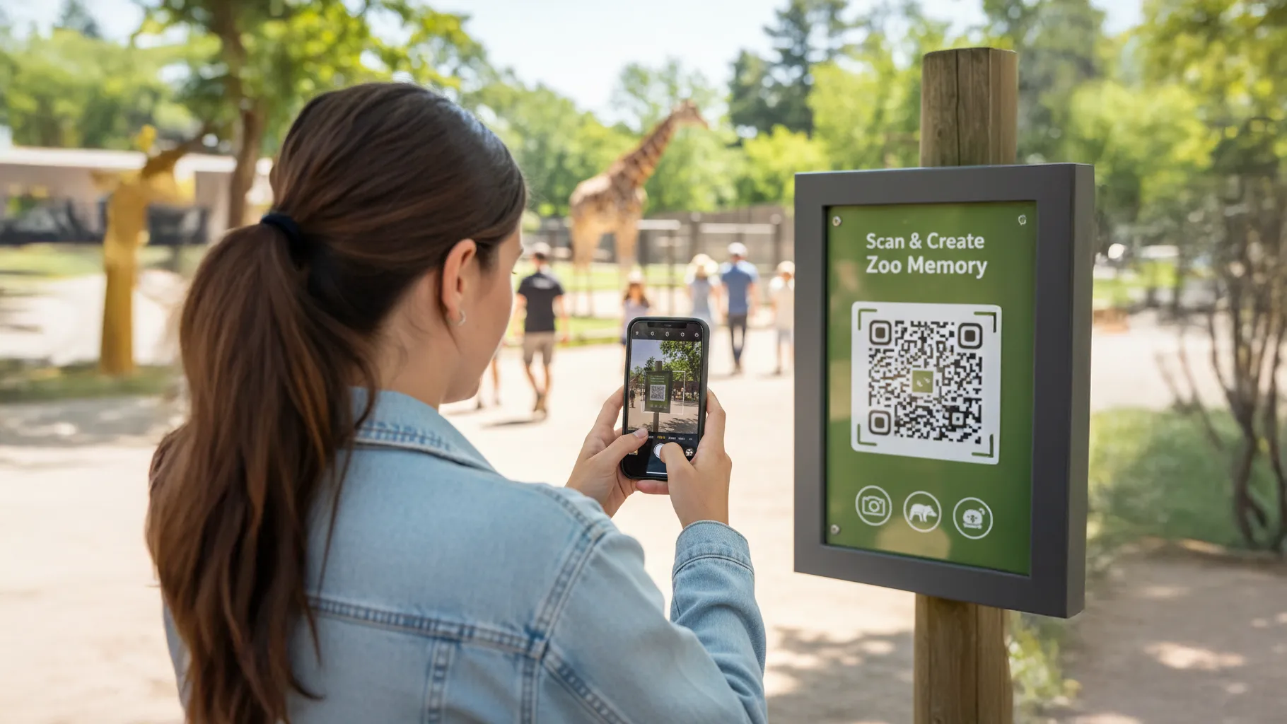 Besucherin scannt einen QR-Code im Park und startet eine interaktive Entdeckungsaufgabe