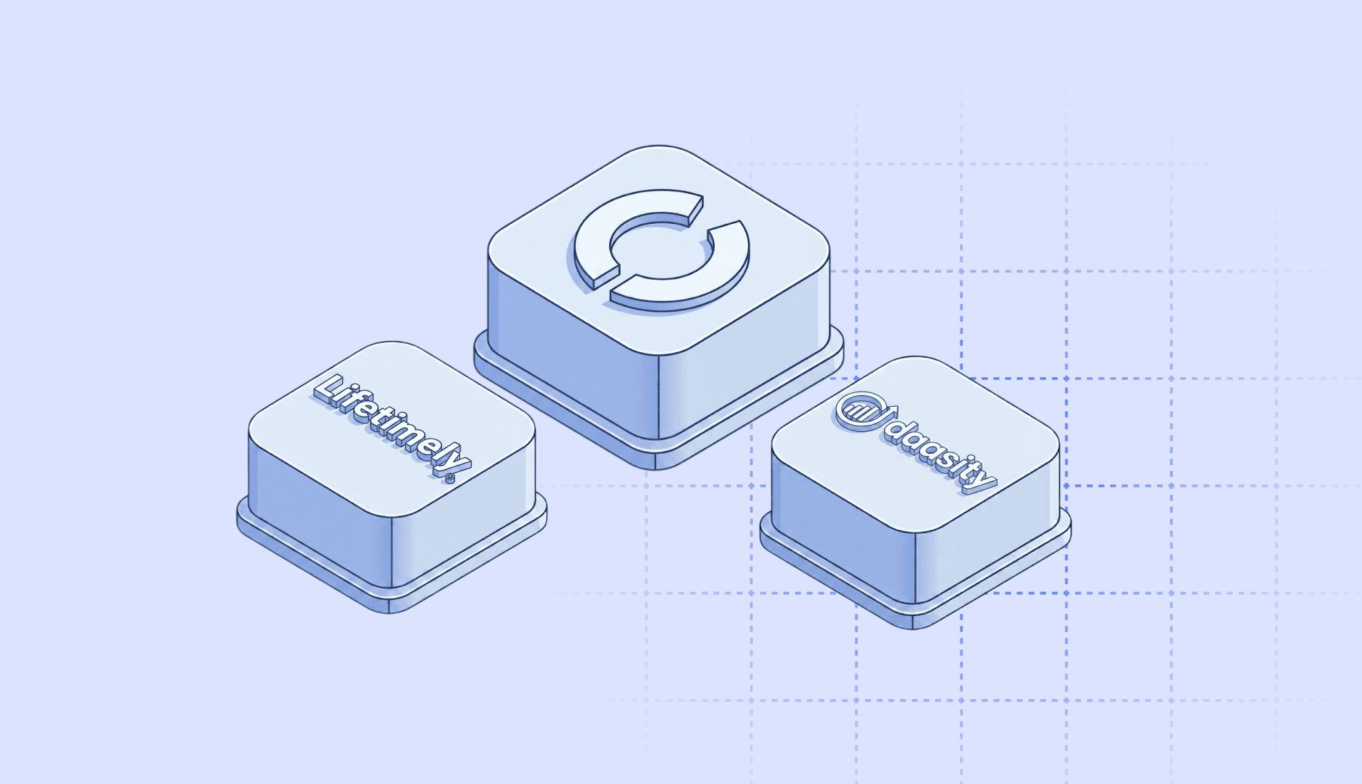 Isometric illustration featuring three minimalist 3D blocks on a blue grid background, showcasing the logos of Lifetimely, Daasity, and Cifra as the top Shopify profit analytics tools.