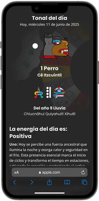 Maqueta de alta fidelidad que muestra la interfaz del 'Tonal del Día' en Tonalkin; se observa el glifo nahua central acompañado de su interpretación simbólica y la energía correspondiente, integrando iconografía tradicional con tipografía legible en español.