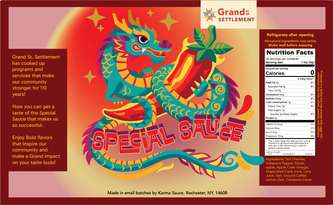 Whimsically and artistically intricate design for a hot sauce bottle. A Chinese dragon curled around a hot pepper. Nutritional facts and product history listed. Detailed description follows below.