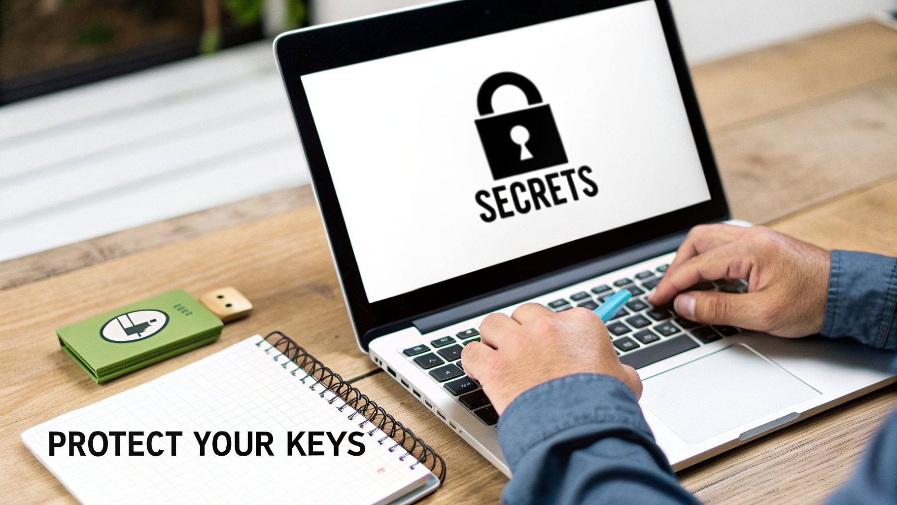 Person typing on a laptop displaying a padlock and 'SECRETS', with a USB security key and a notebook.