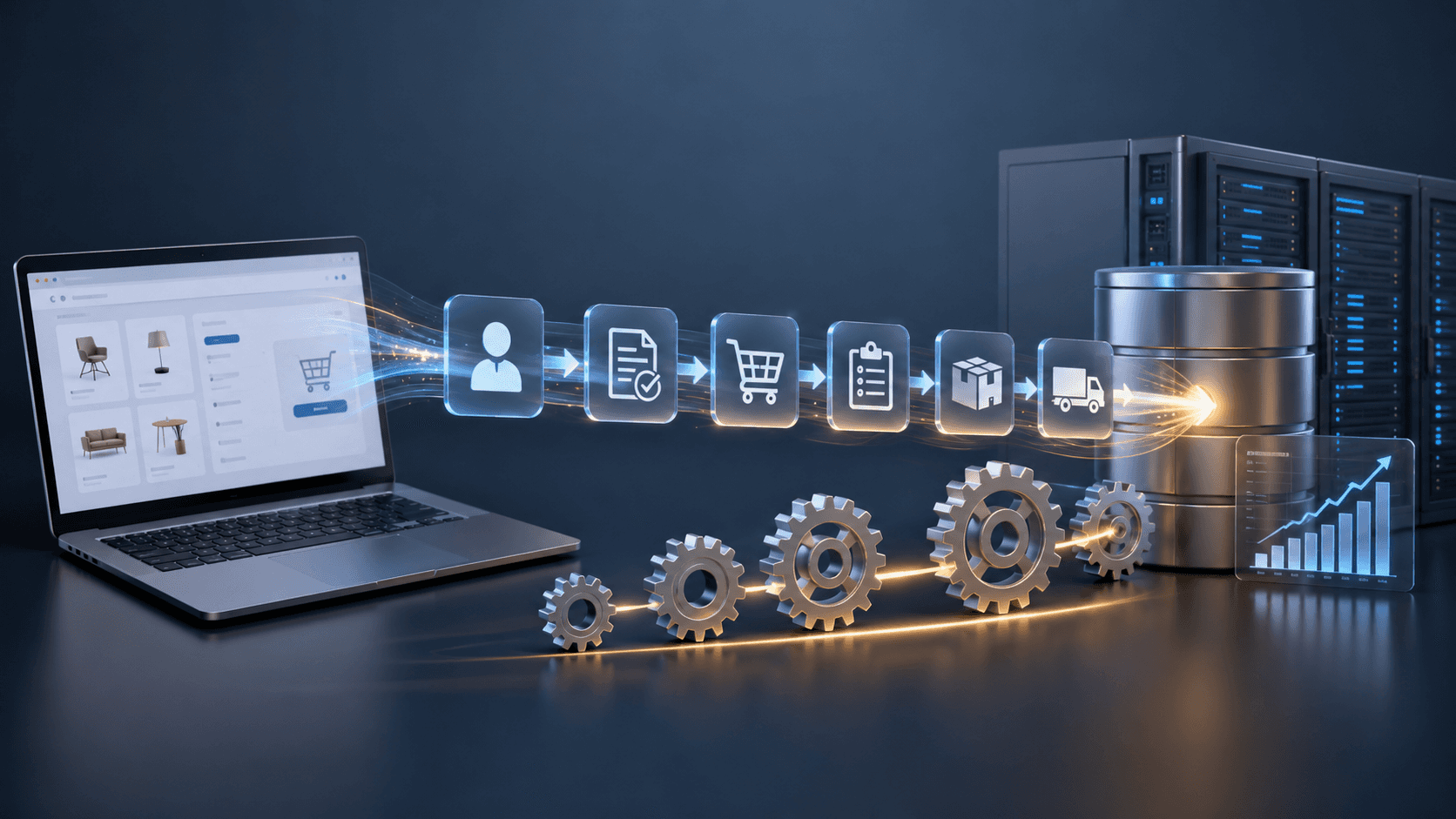 Ilustração realista em 3D de um fluxo integrado de vendas B2B. À esquerda, um notebook exibe uma plataforma de pedidos online com catálogo de produtos. No centro, uma sequência de ícones conectados por feixes luminosos representa as etapas do processo comercial: cadastro de cliente, validação de dados, carrinho de compras, geração de pedido, separação de mercadorias e expedição. Na parte inferior, engrenagens metálicas simbolizam automação e integração dos processos. À direita, bancos de dados e servidores corporativos representam o ERP recebendo as informações do pedido. O ambiente possui iluminação tecnológica em tons de azul e transmite a ideia de fluxo contínuo, automação e integração entre portal de pedidos e sistemas empresariais.