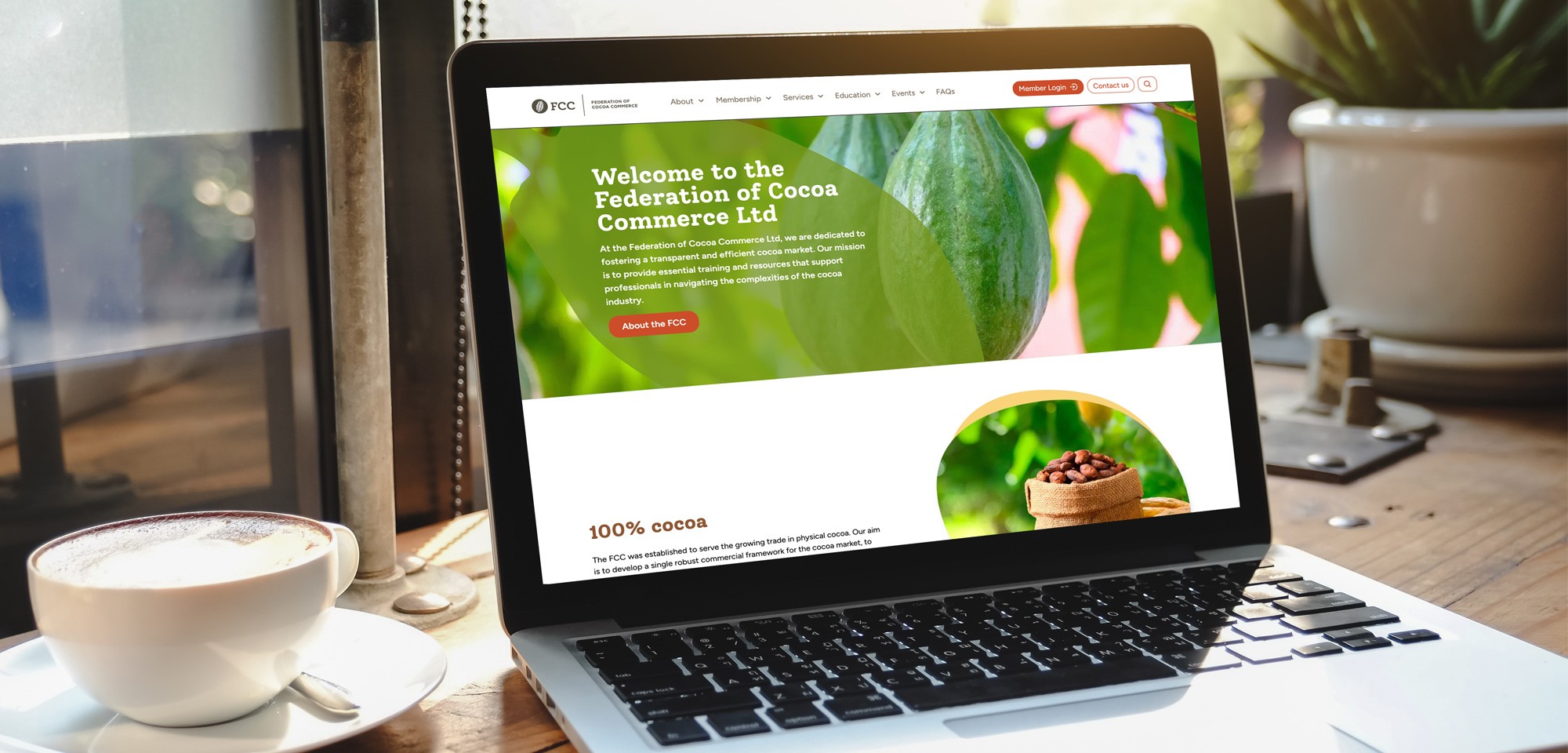 Laptop in a café setting showing the Federation of Cocoa Commerce website homepage with a cocoa pod hero image