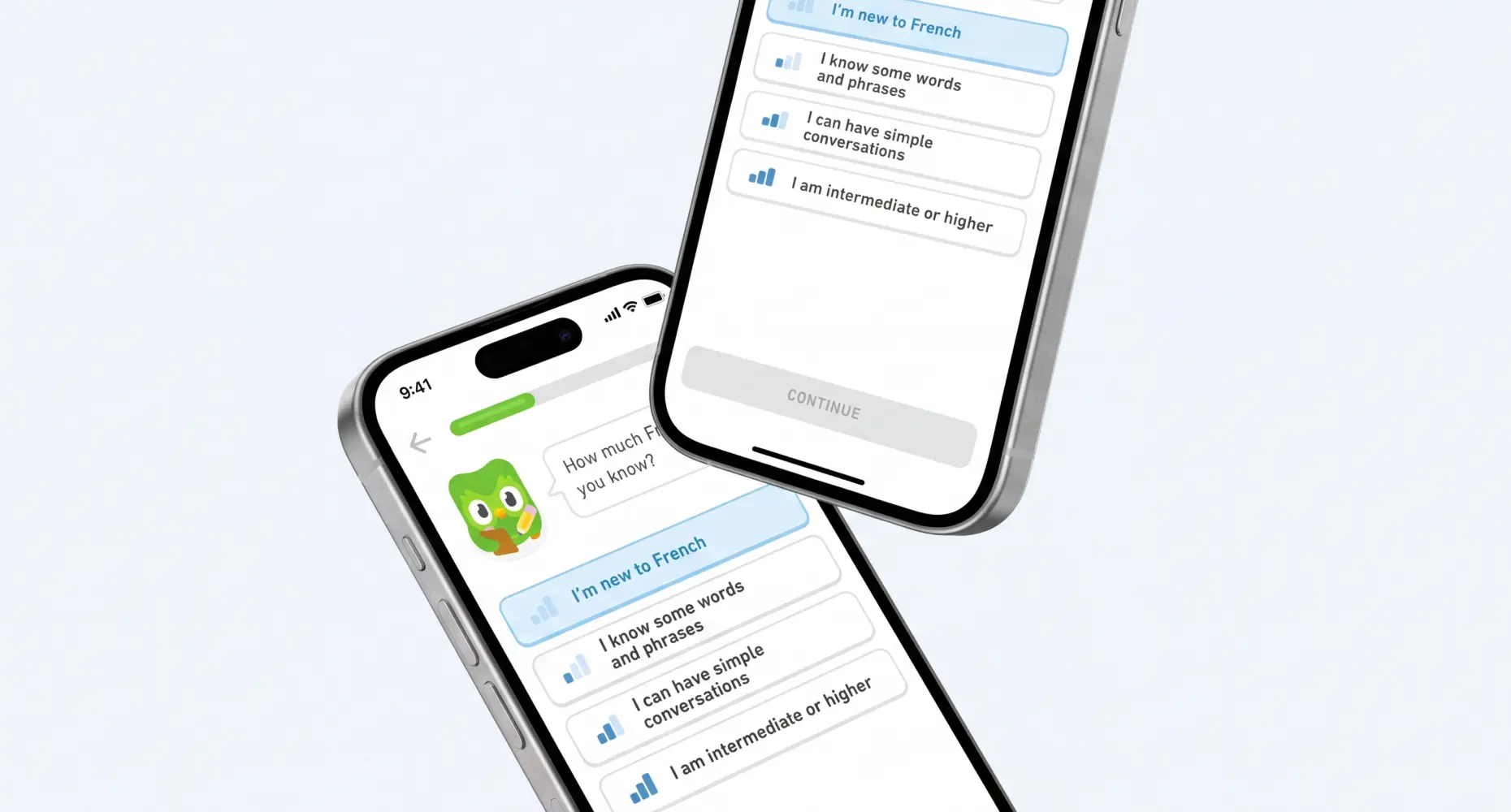 Duolingo's onboarding questions — reason for learning, daily minutes, goal.