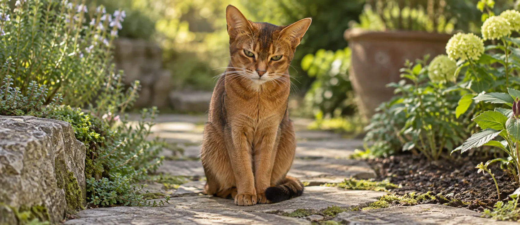 Abyssinian cat sitting outdoors in a garden.