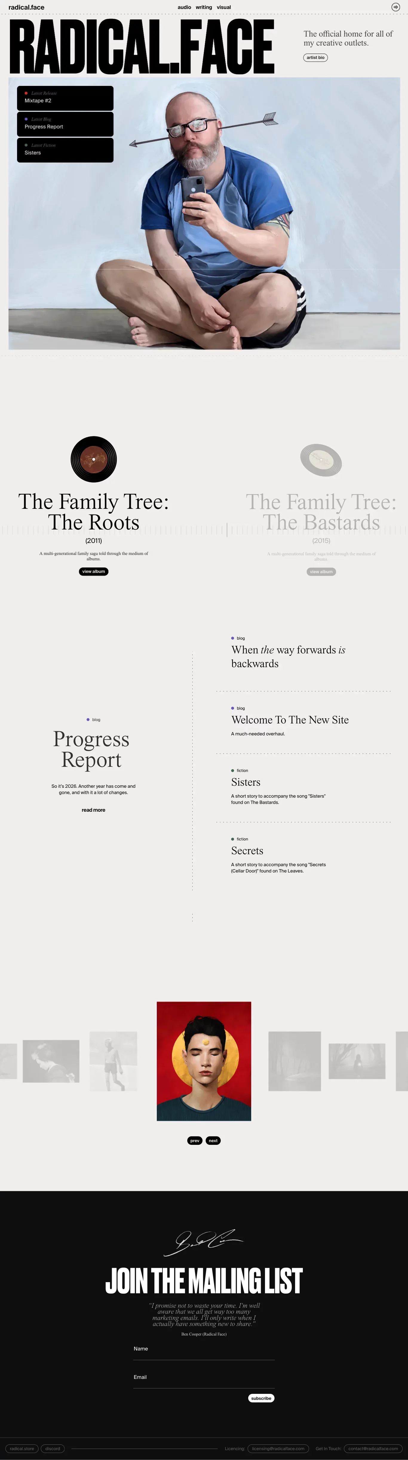 Radical Face - Music, Writing, and Art other page screenshot showcasing Art and Music design