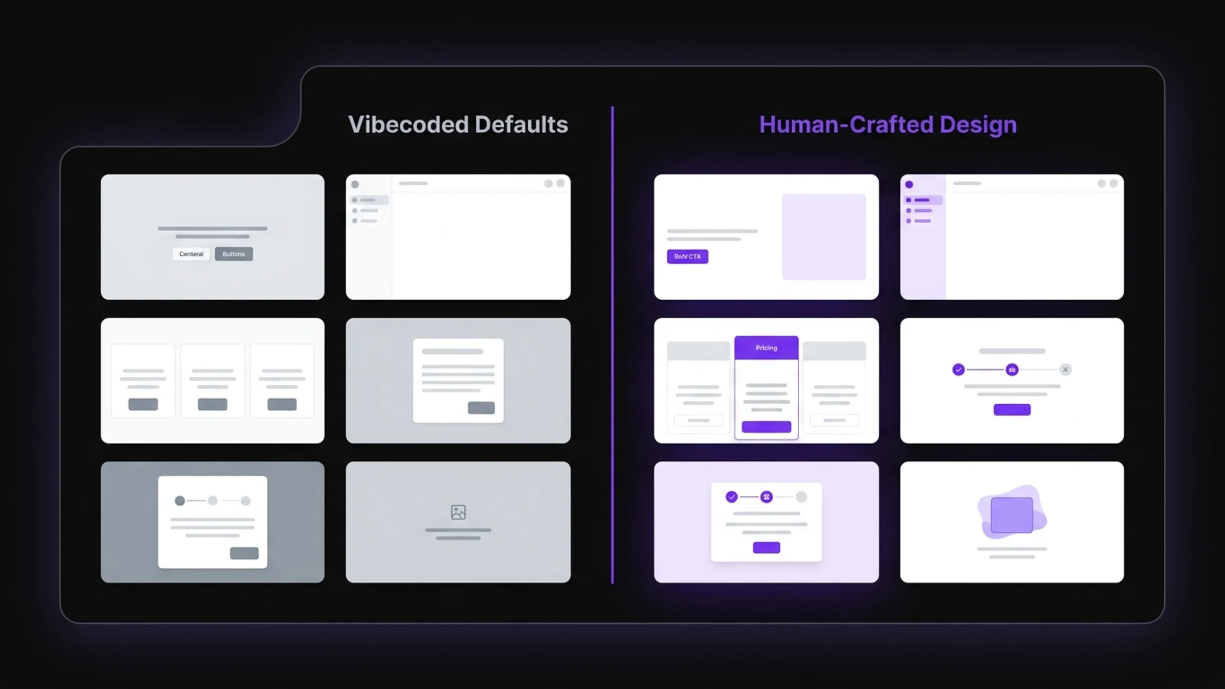 Side-by-side comparison of a generic vibecoded app interface versus a premium human-crafted design