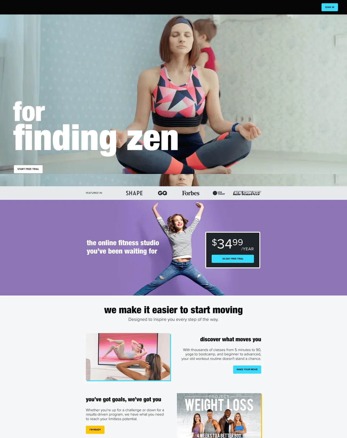 Online fitness studio website with a for finding zen landing page, full-page design