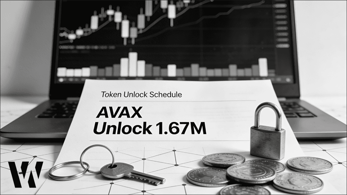 Monochrome finance desk close-up featuring an ‘AVAX Unlock 1.67M’ schedule, key, and padlock – editorial illustration for Avalanche token release news and crypto market analysis.