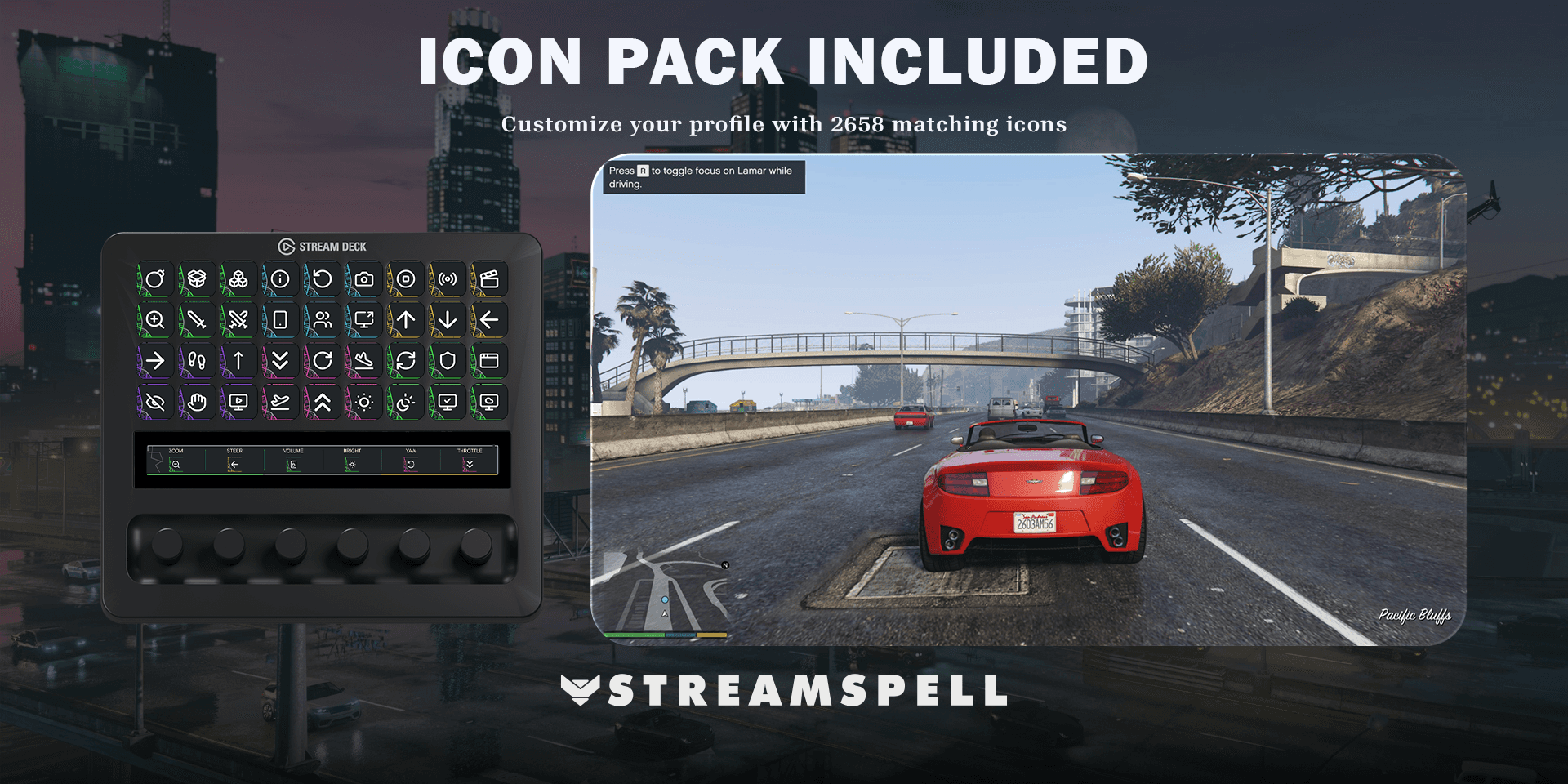 Grand Theft Auto V updated icon-pack preview with matching artwork on Stream Deck + XL