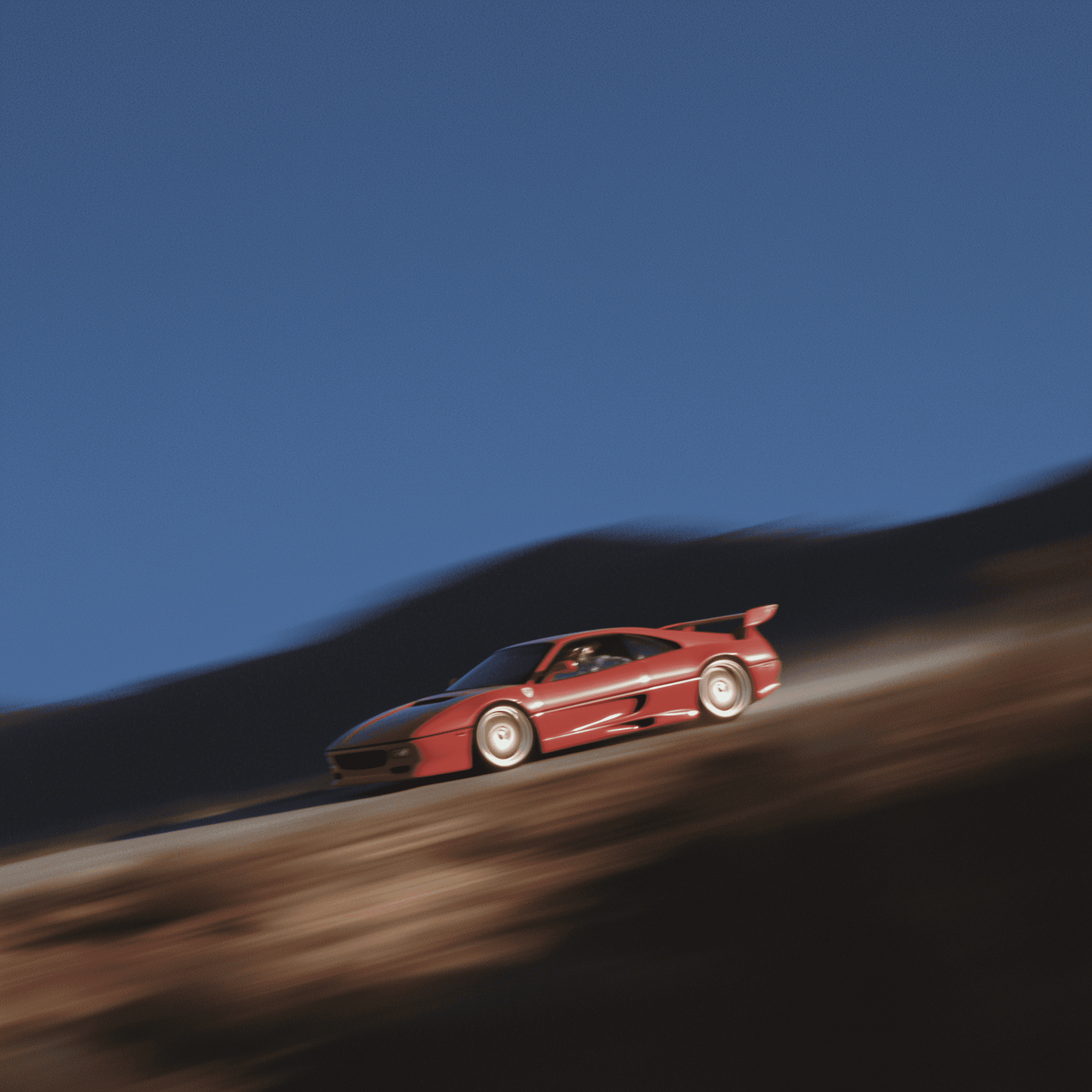 A sleek, red sports car speeds along a winding mountain road under a clear blue sky, showcasing its aerodynamic design and powerful performance.