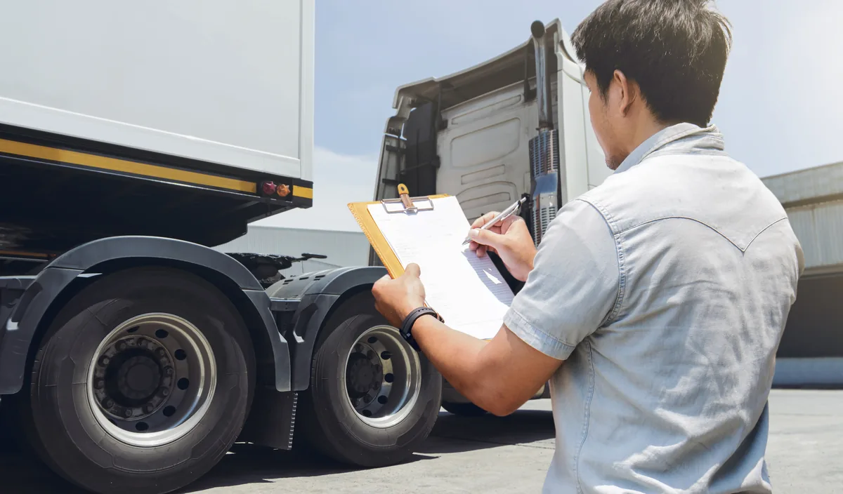 Truck driver filling in a paper log beside a heavy truck