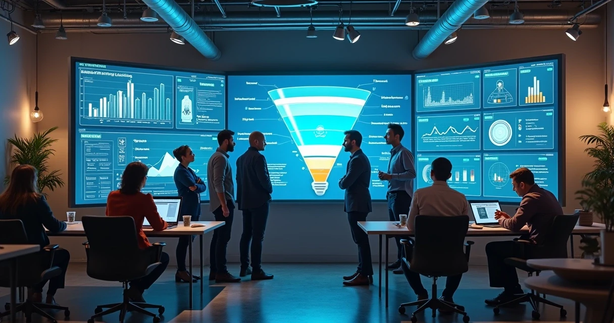 Equipe de marketing industrial analisando funil de vendas digital com gráficos em grande tela 