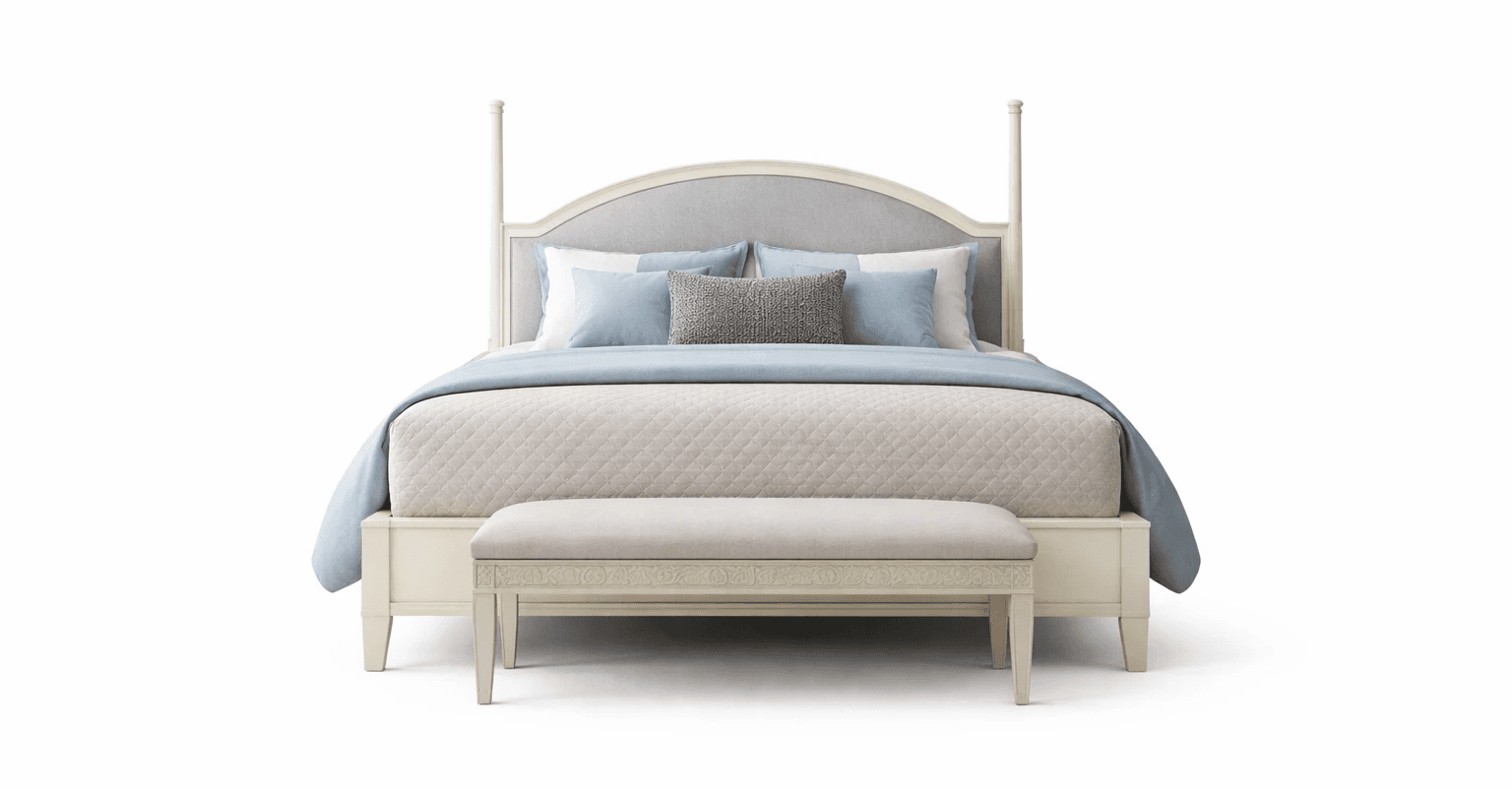 Panelled upholstered bed with curved headboard and compact proportions