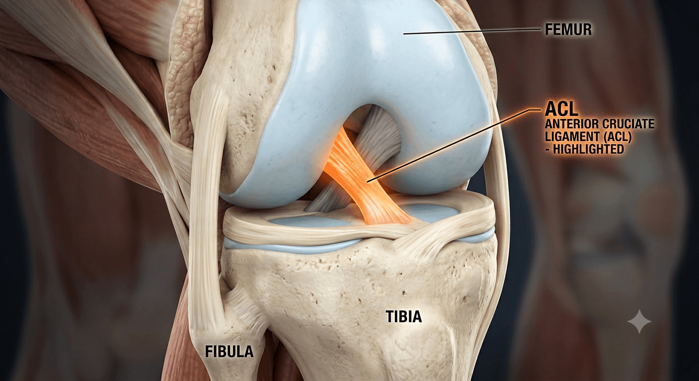 Ilustração anatômica em 3D de uma articulação do joelho direito em vista frontal. O Ligamento Cruzado Anterior (LCA/ACL) está destacado em tom laranja brilhante no centro da articulação. Os ossos estão identificados com rótulos em texto: FÊMUR no topo, TÍBIA na base e FÍBULA na lateral esquerda inferior. A legenda "LCA" aponta diretamente para o ligamento destacado.