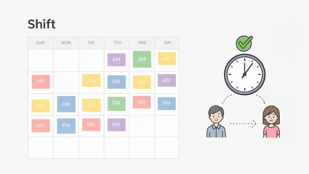 A colorful shift schedule calendar with AM/PM blocks and illustrations of time management for two employees.