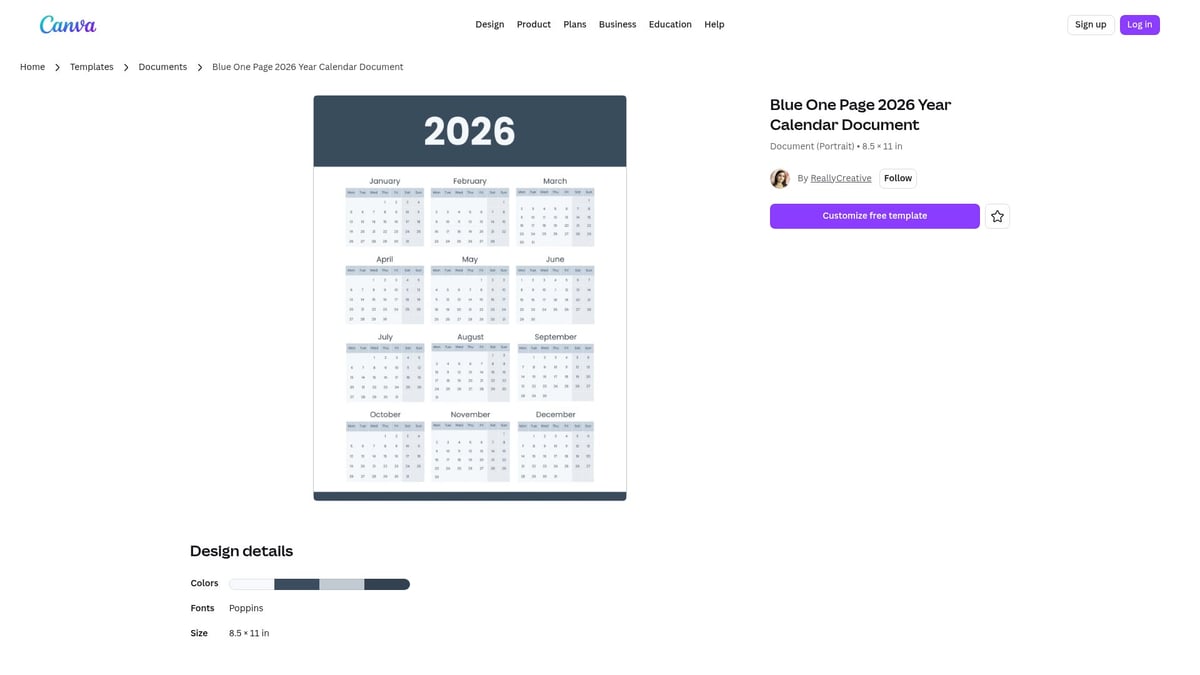 7 Stunning One Page Template Picks for 2026 Websites - Canva – Blue One Page 2026 Year Calendar Document