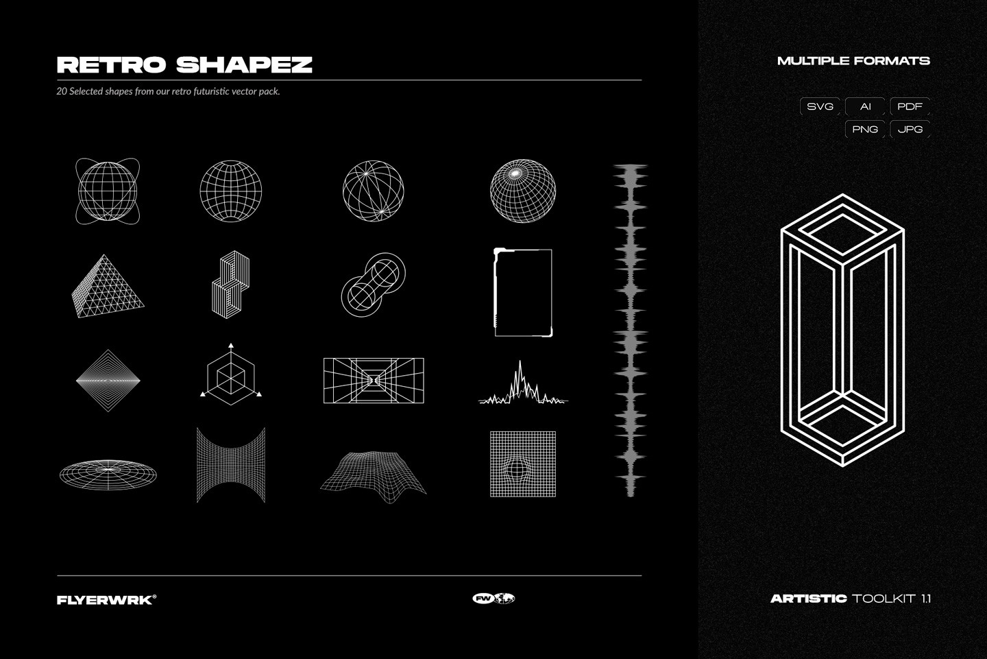 Artistic Toolkit 1 retro vector shapes with futuristic wireframe globes and geometric graphic design elements