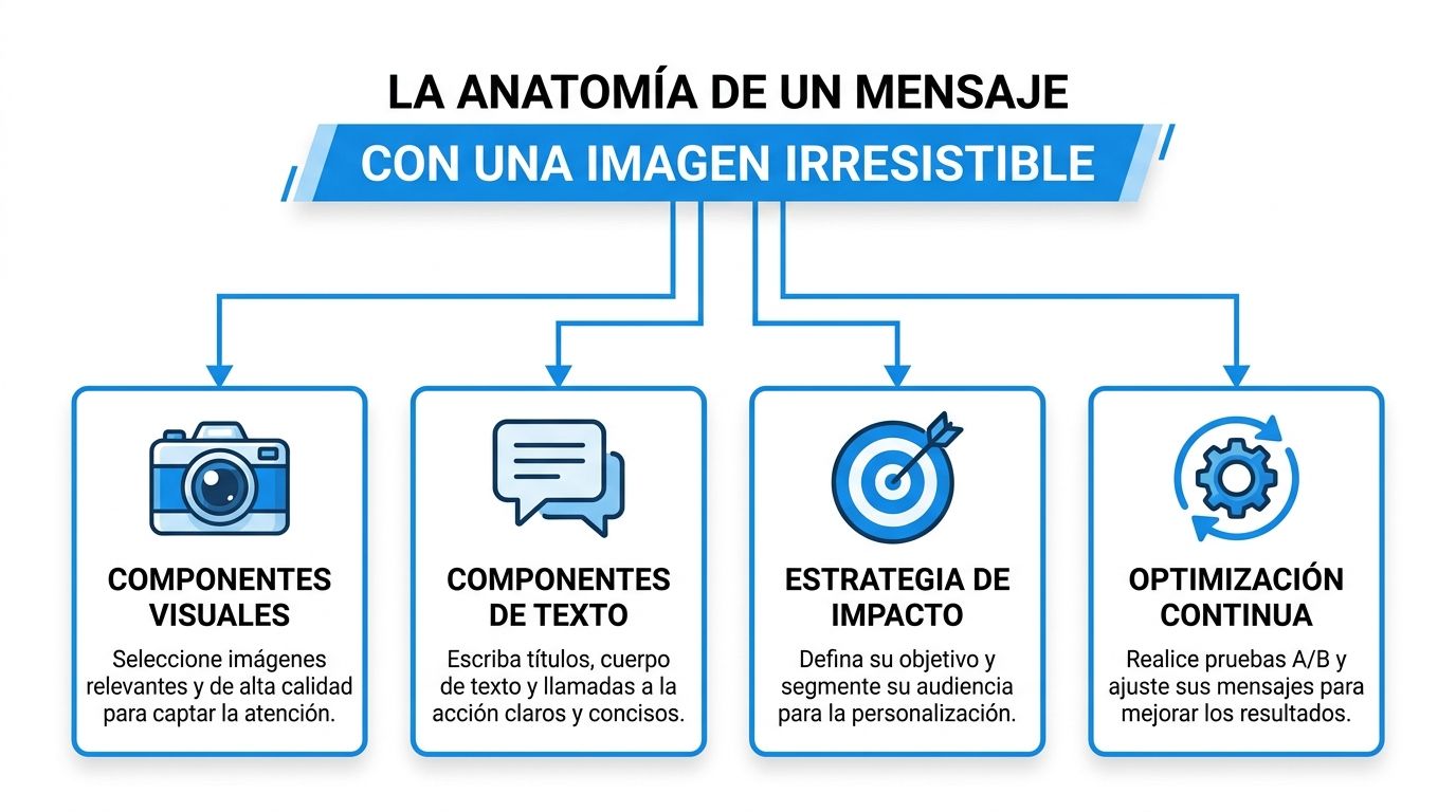 Diagrama que detalla los componentes clave para crear mensajes efectivos utilizando imágenes visuales de alta calidad.