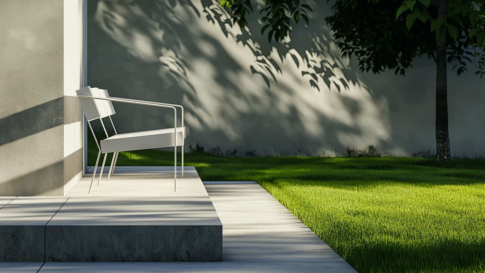 Minimal patio with chair and lawn, calm outdoor space for everyday use