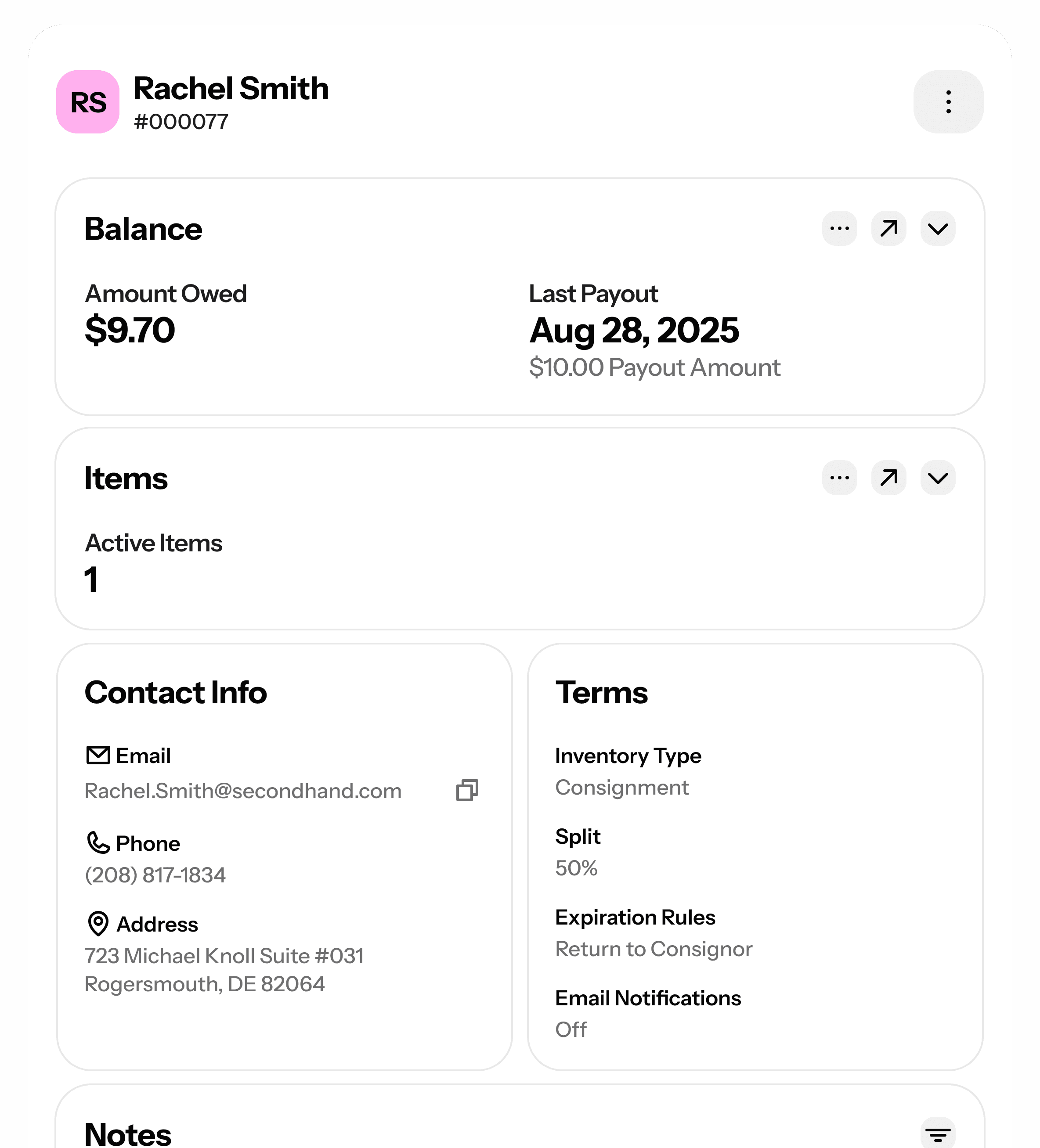 Screenshot of a consignors account showing contact, item, and payout information.