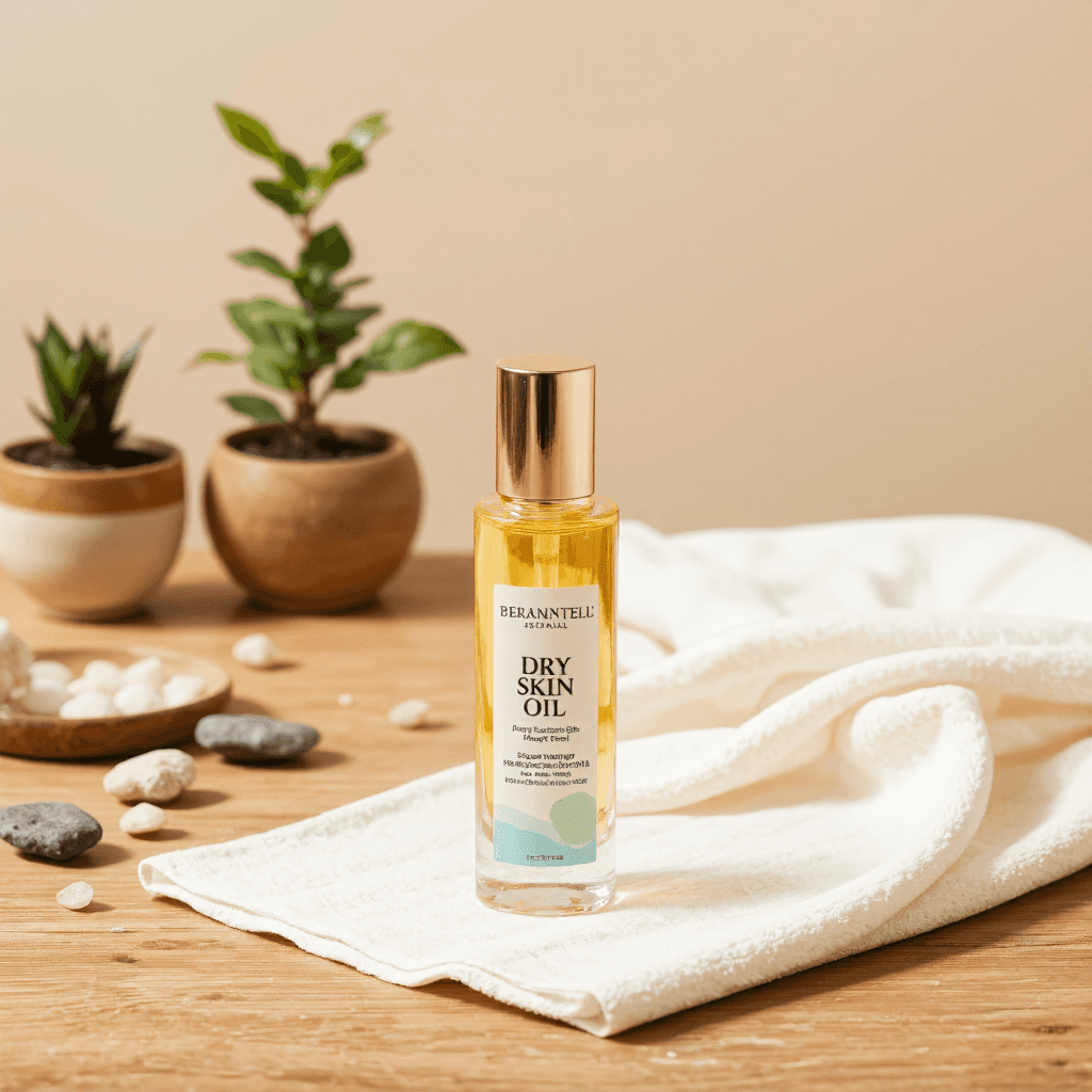 product photography of Dry skin oil in a bottle with its packaging