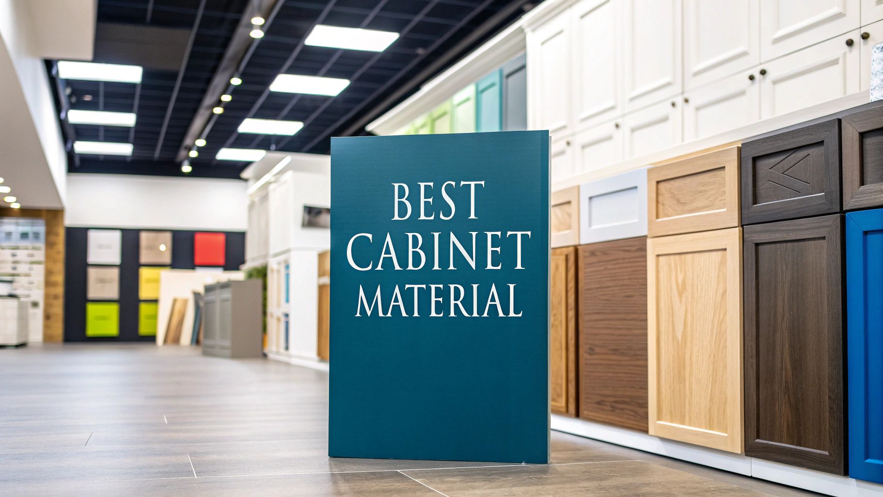 a large wall with various cabinet materials and a blue sign reading 'best cabinet material' in the foreground