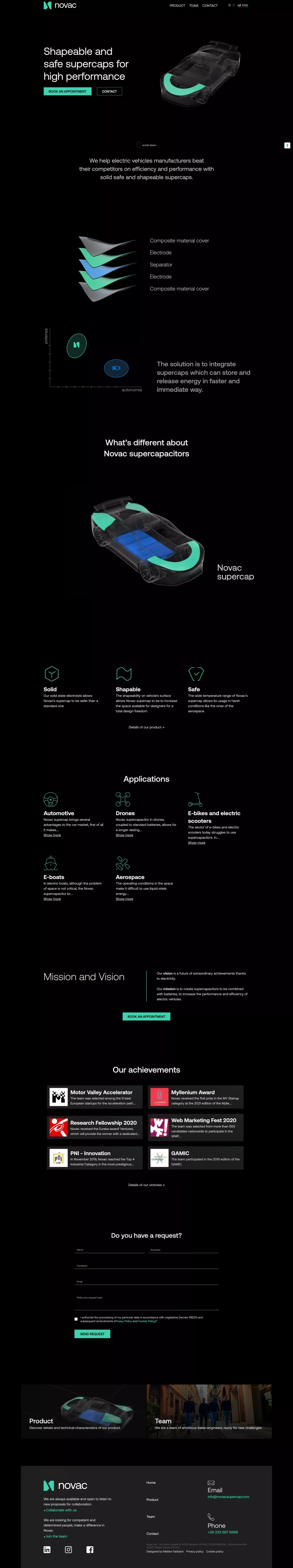 Novac Supercondensatori landing page screenshot showcasing Tech and Automotive design