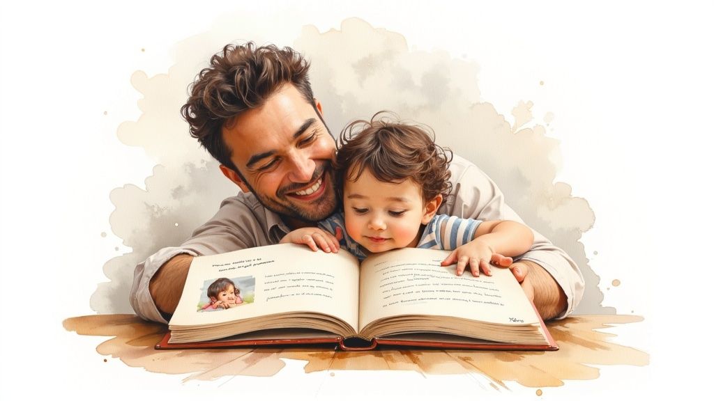 A happy father and his young son read an open book together with smiles.