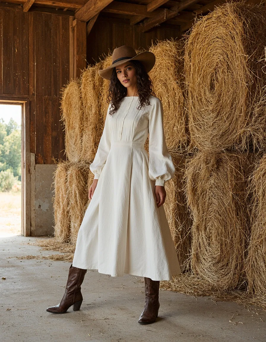 Elegant white maxi dress with billowy sleeves paired with brown cowboy boots and wide-brim hat, posed against hay bales in rustic barn