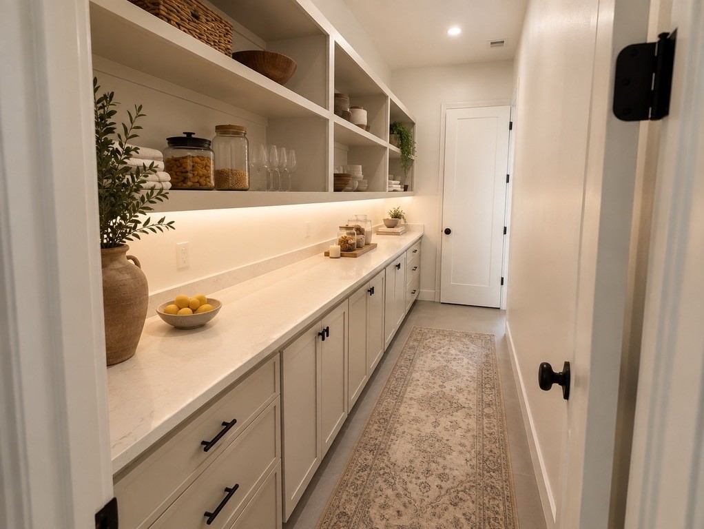 Warm-toned kitchen with layered materials