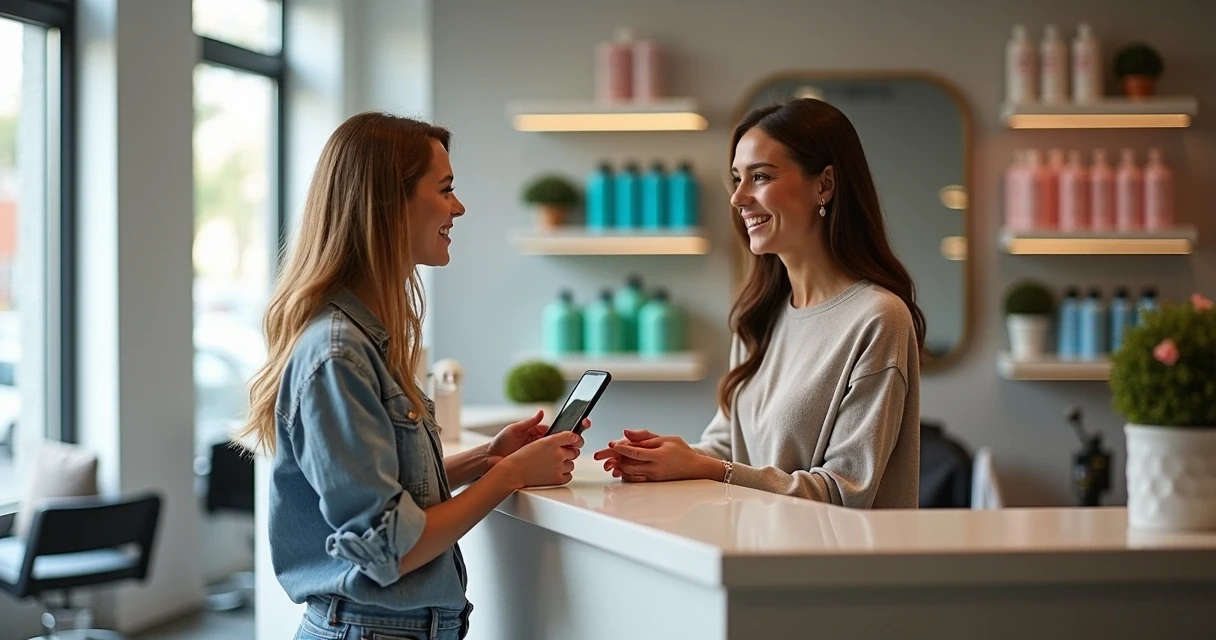 Atendente recebendo cliente em salão de beleza, ambos sorrindo, ambiente moderno 
