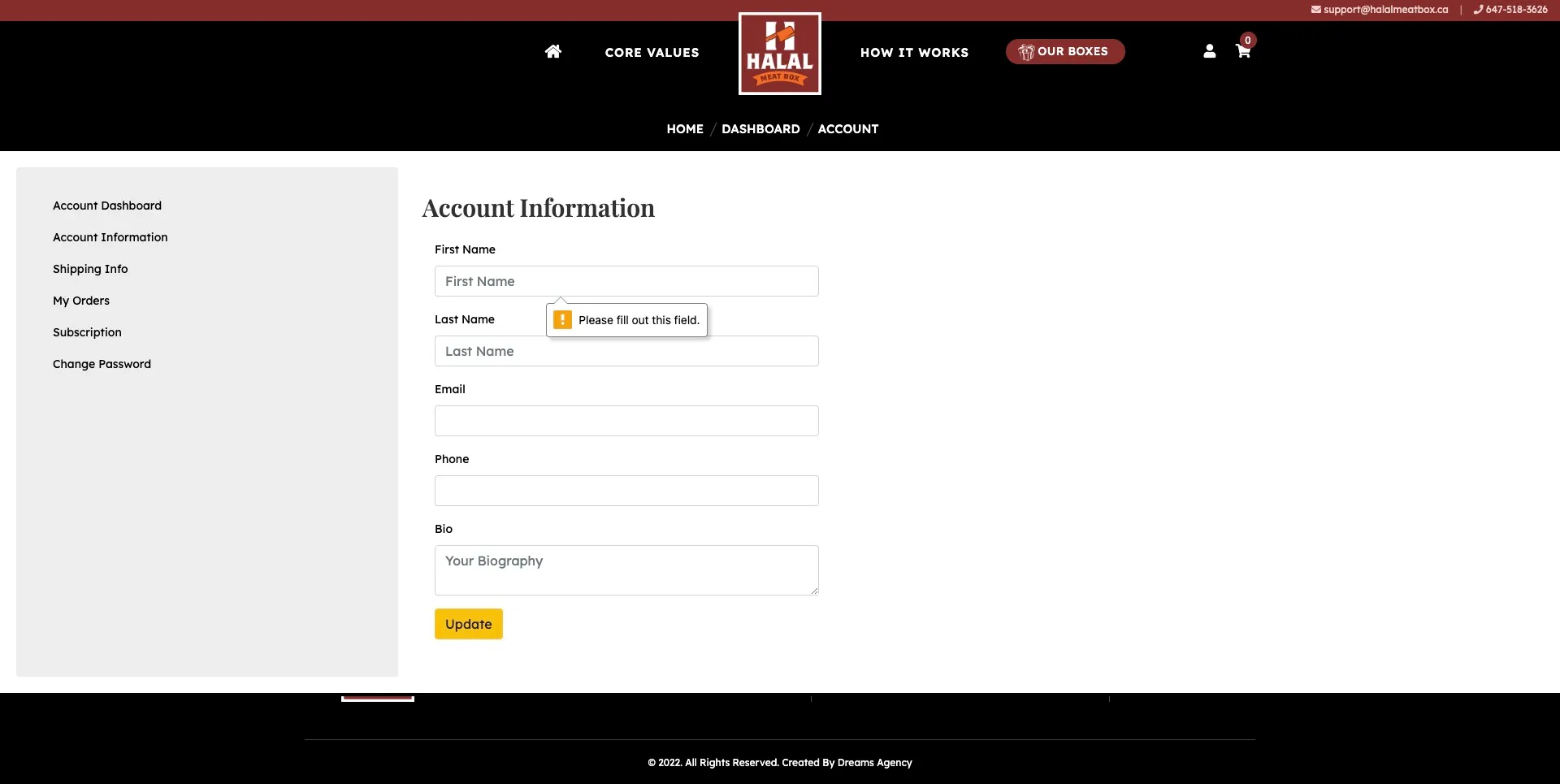 account information page for halal meat box website developed & designed by Dreams Agency Mississauga, Ontario