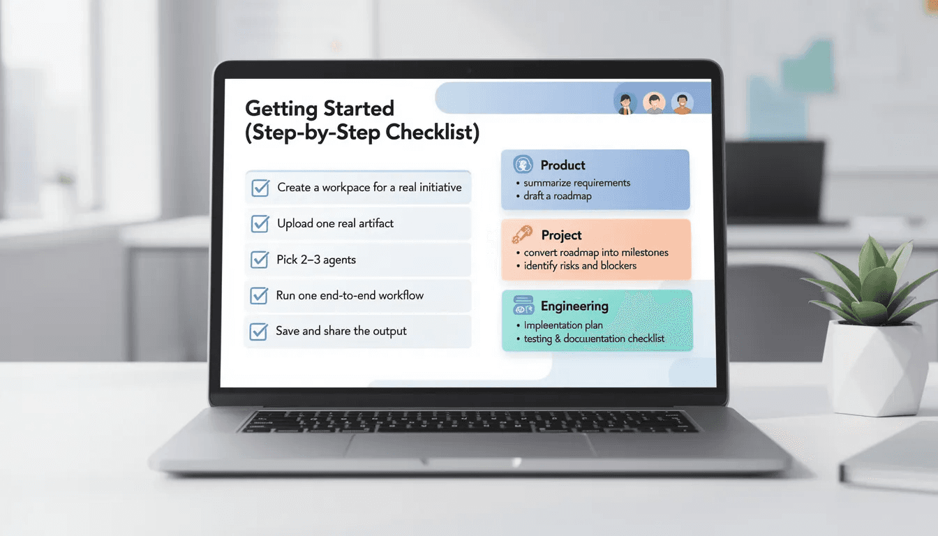 The image depicts a step-by-step checklist for getting started with a real initiative, featuring key actions such as creating a workspace, uploading a real artifact, and selecting aligned AI agents. It emphasizes the importance of running an end-to-end workflow that includes summarizing requirements, converting roadmaps, and drafting implementation plans to enhance team collaboration and project efficiency.