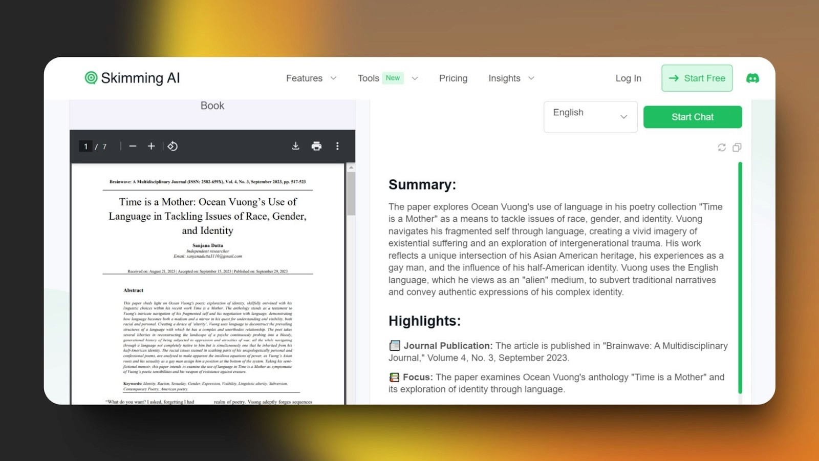 snapshot of Skimming AI displaying a book summary with highlights and insights in a split screen interface featuring tools and navigation.