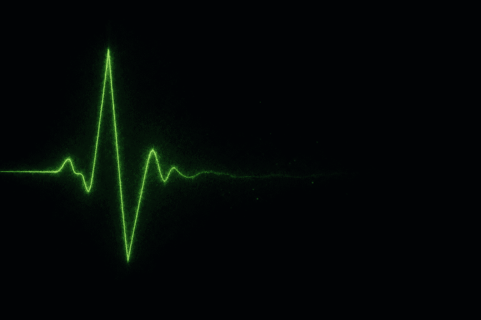 Green heartbeat waveform on a black background that spikes once and then flattens into a faint line.