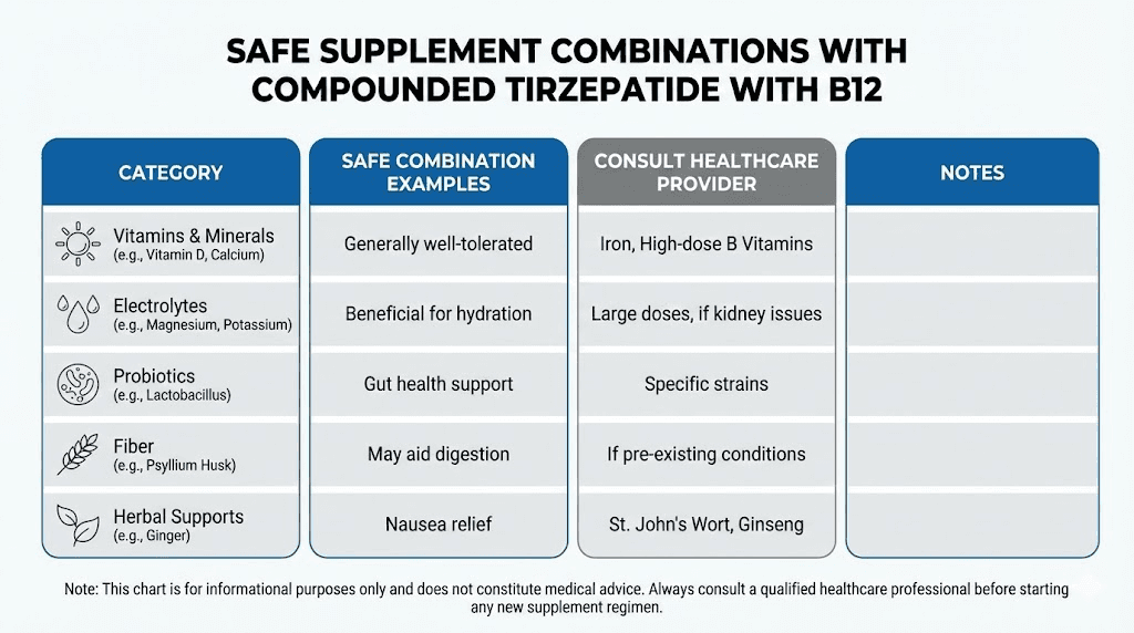 Safe supplements and medications to combine with compounded tirzepatide and B12