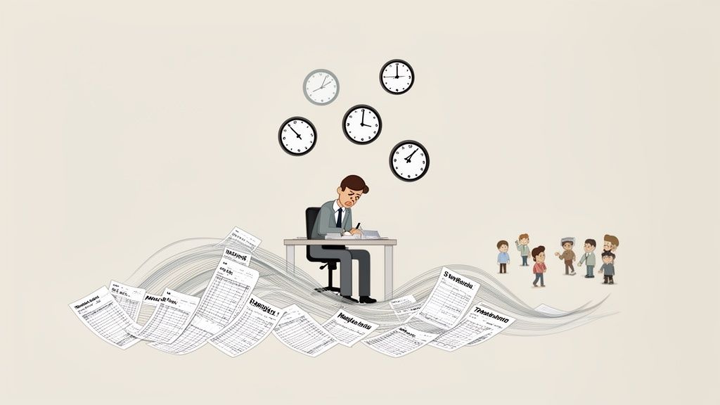 An overworked man at a desk, surrounded by a mountain of papers, with clocks and waiting clients.