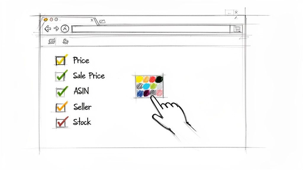Sketch of a browser showing data fields (Price, Sale Price, ASIN, Seller, Stock) and a hand selecting a color.