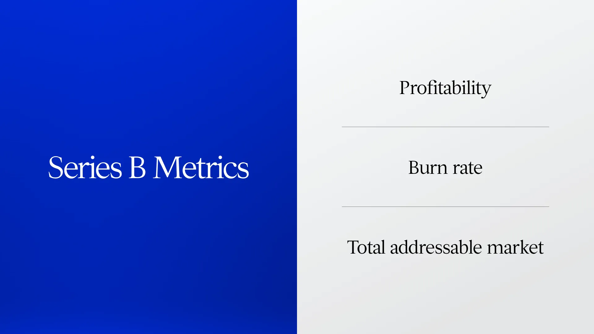 A graphic outlining key metrics for Series B funding. The left side features a blue background with white text reading "Series B Metrics." The right side lists important metrics for investors: Profitability, Burn rate, and Total addressable market.