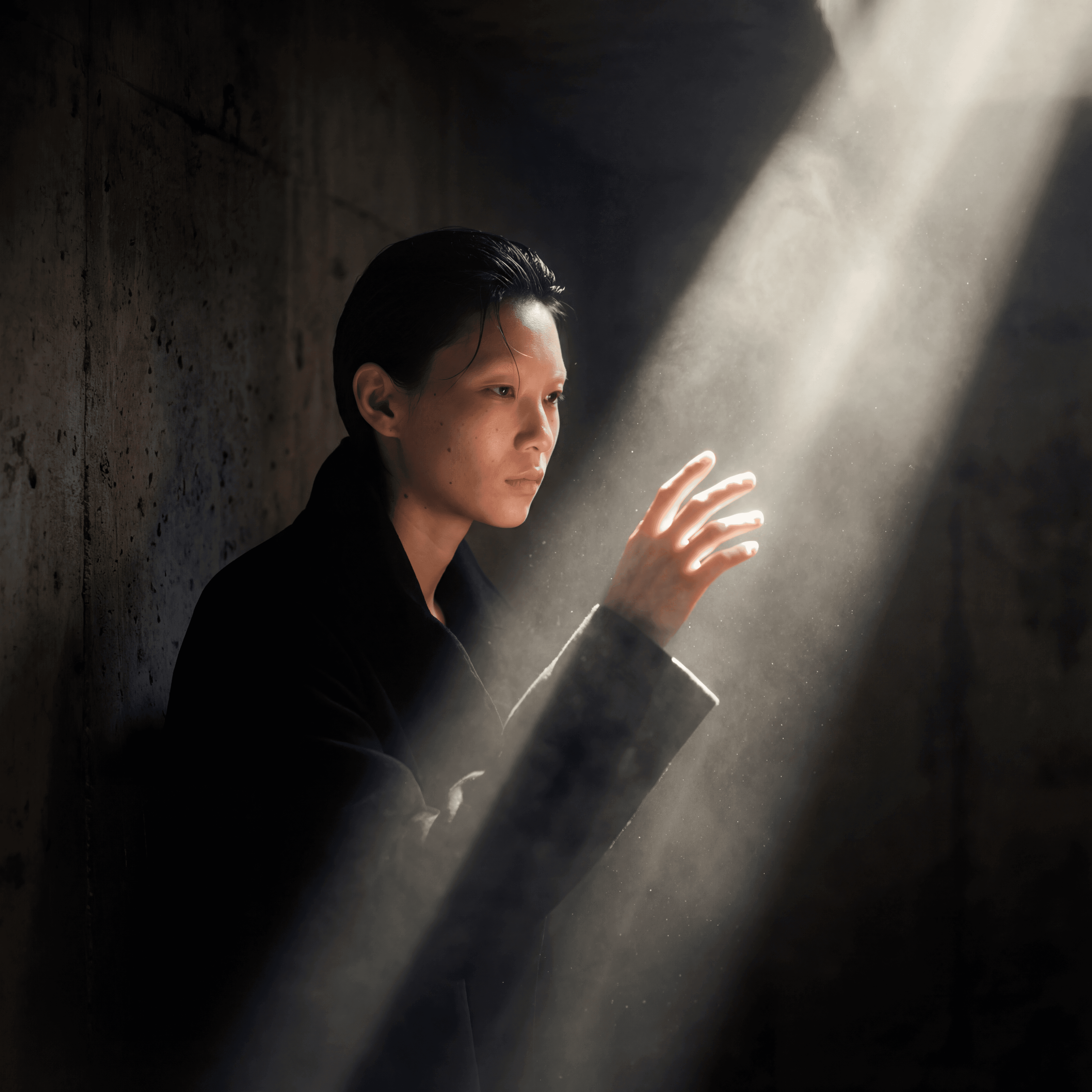 Monumental concrete digital sanctuary interior, Tadao Ando architectural style, Volumetric light path tracing, Luxury High Fashion Campaign, Engineered by Aventi