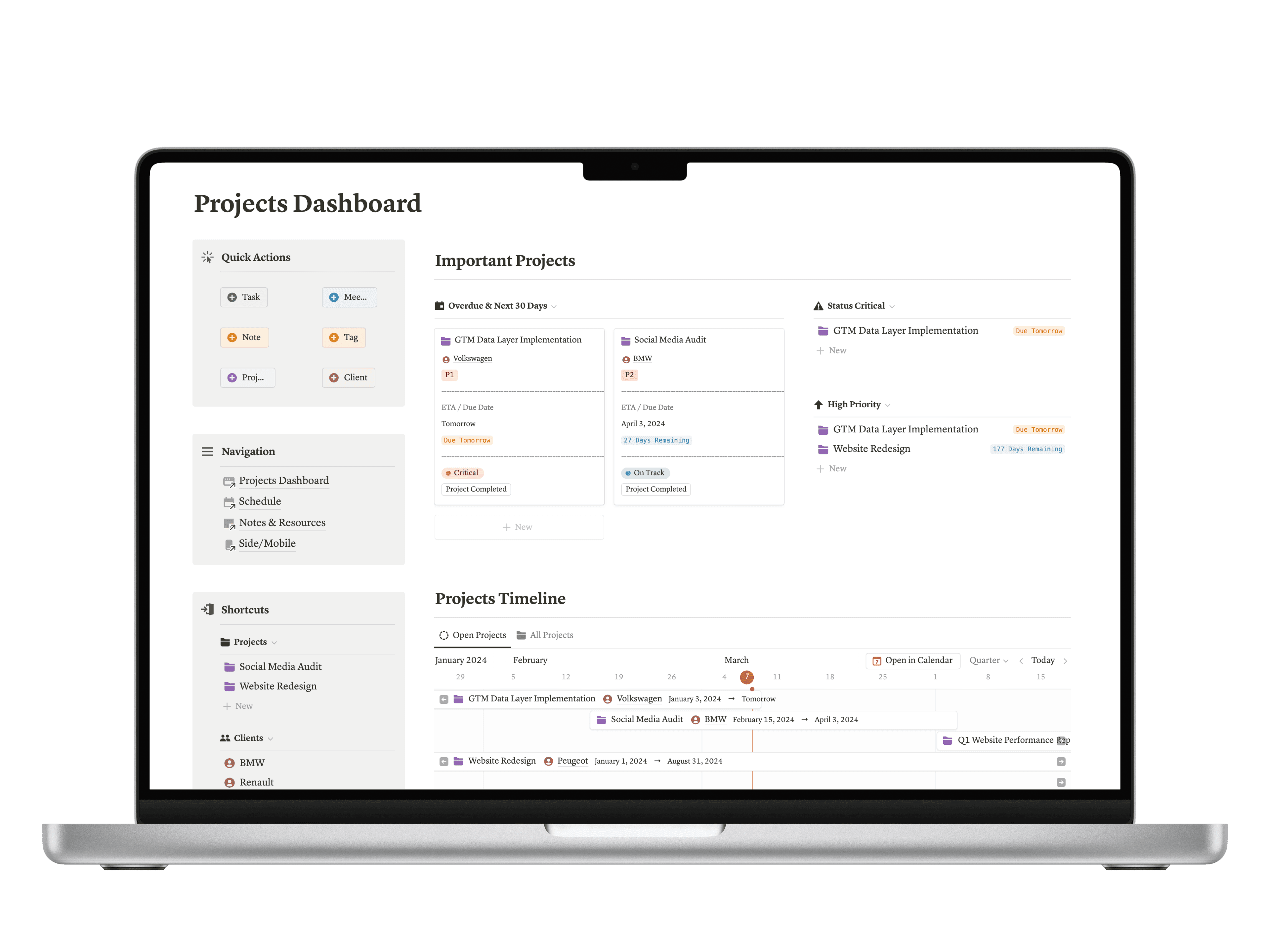 The Project Manager Dashboard template inside a laptop screen
