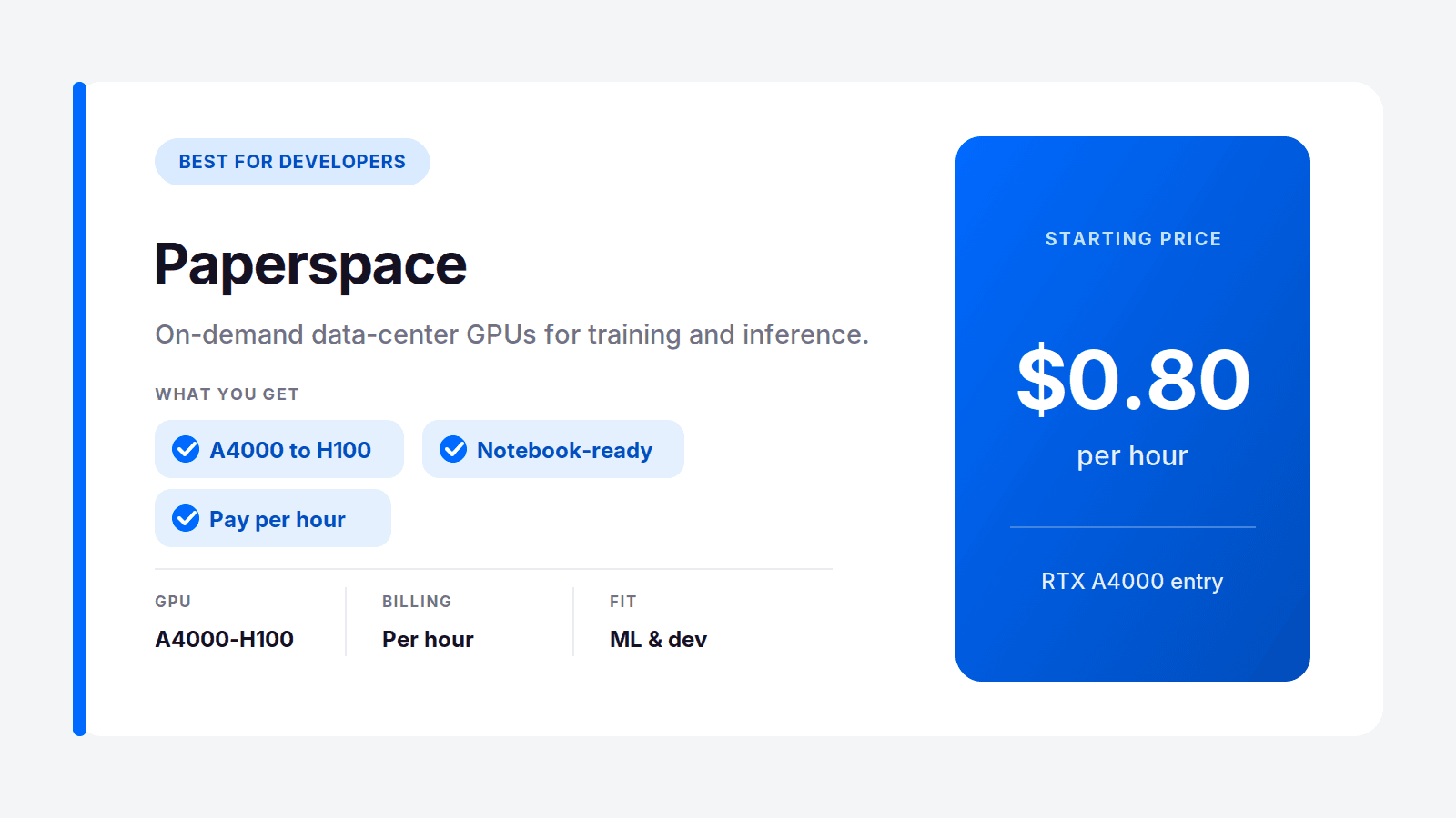 Paperspace cloud GPUs for developers and ML from $0.80 per hour, A4000 to H100