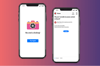 Two light-mode screens: Instagram shows 'No one's clicking!' with camera icon; Quora shows note editing error
